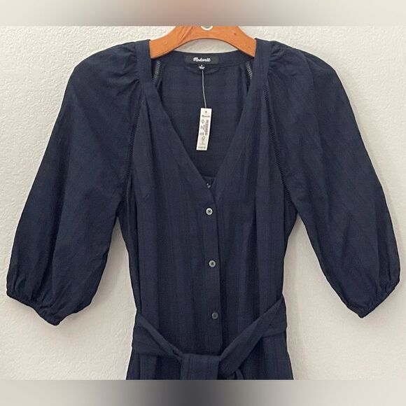 Madewell NWT Tie-Waist Tiered Midi Dress Size 0 in Windowpane Navy - Picture 10 of 12